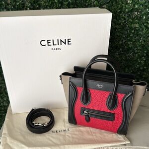 Celine Nano Luggage Tote Red/Black Leather & Suede Authentic